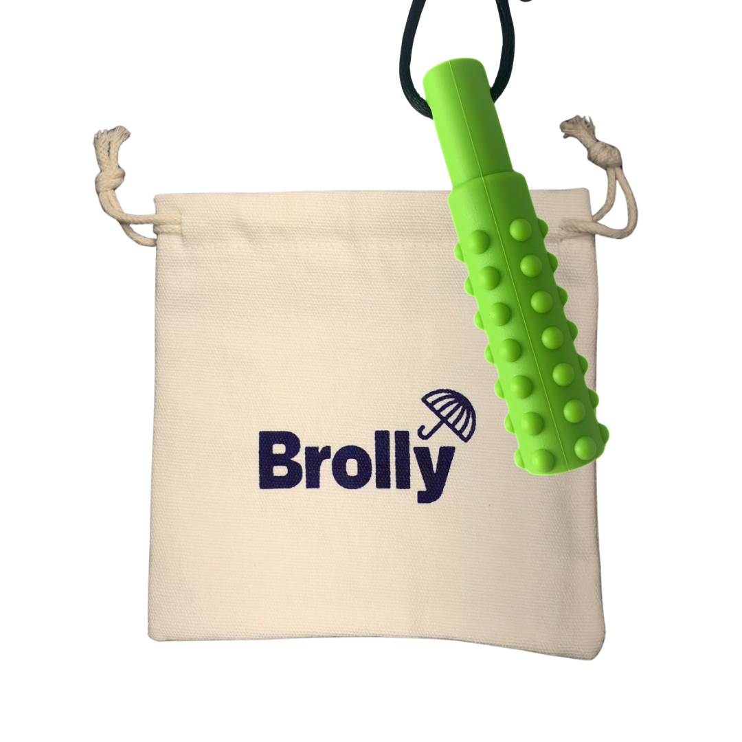 Beige drawstring pouch and Mace-shaped Brolly Chew Necklace on a black cord against a white background - Green