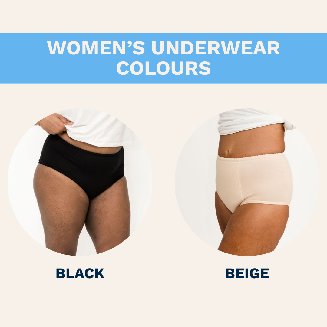 Comparison of black and beige women's Brolly underwear on a white background. Black