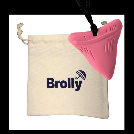 Beige drawstring pouch and Shark Tooth-shaped Brolly Chew Necklace on a black cord against a white background - Blue