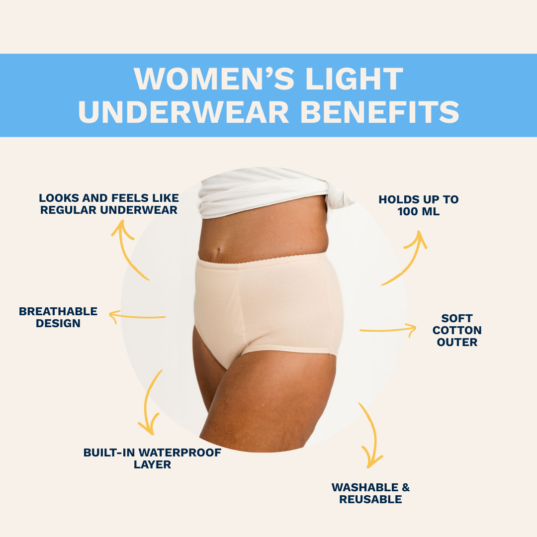 Diagram of women's light Brolly underwear benefits with text labels on a white background - Black