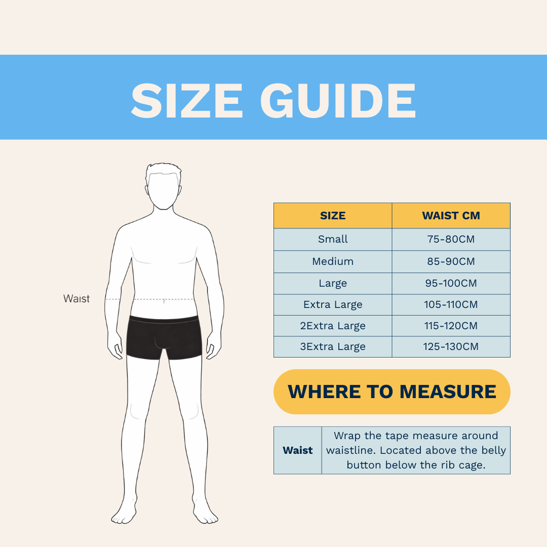 Size guide for waist measurements with a mannequin and measurement chart. - Black