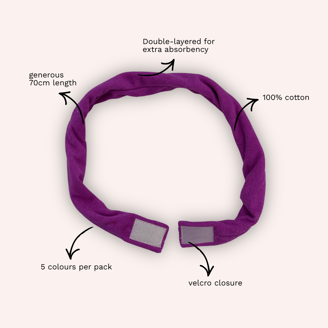 Soothe Bands features — 100% cotton, 5 colours, generous 70cm length, velcro closure 